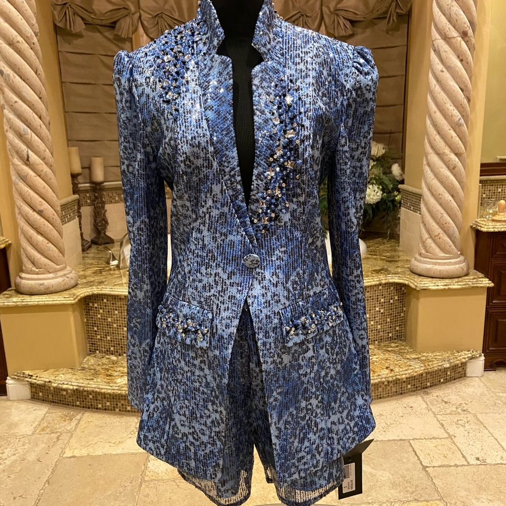 Terani Couture Blue/Black Sequin Embellished Leopard 2 Piece Short Set